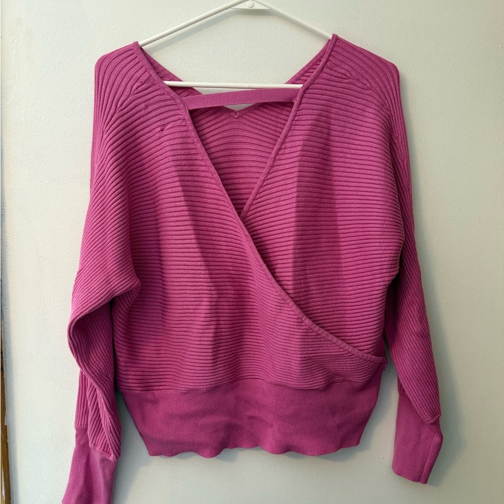 Pink Rose Women's V-Neck Ribbed Sweater - Fuchsia - Picture 2 of 4